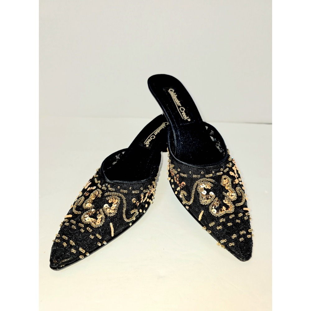 Coldwater Creek Black Gold Beaded Slip On Kitten Heel Mule Shoes Size 7M